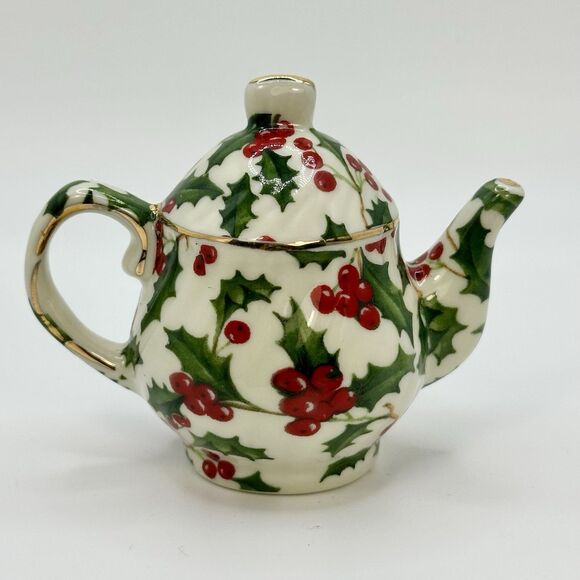 Other - Vintage Miniature Teapot Christmas Decor Ornament Holly Pattern Gold Accents